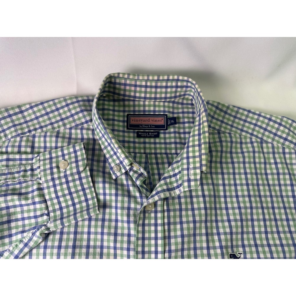 Vineyard Vines Whale‎ Shirt Men XL Gingham Check L/Sleeve Button Down Green Blue